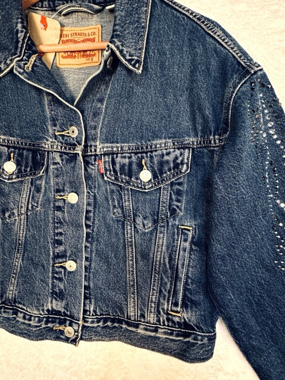 Levi's 90's Trucker Jacket Small Shrunken Rhinestone Denim Jacket D.Wash Western - Picture 10 of 13